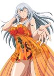  1girl breasts chouun_shiryuu cleavage closed_eyes collarbone dress eyebrows eyebrows_visible_through_hair hand_in_hair ikkitousen large_breasts long_hair orange_hair see-through sideboob silver_hair simple_background solo strapless strapless_dress white_background 