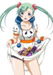  1girl blue_eyes collarbone earrings eyebrows eyebrows_visible_through_hair green_hair hair_bobbles hair_ornament ikkitousen jewelry long_hair looking_at_viewer magatama_earrings open_mouth shokatsuryou_koumei simple_background skirt_basket skirt_hold solo twintails white_background 