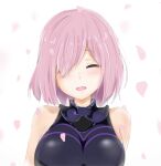  1girl bare_shoulders blush breasts fate/grand_order fate_(series) hair_over_one_eye highres large_breasts mash_kyrielight mattyazuki open_mouth pink_hair short_hair simple_background smile solo white_background 