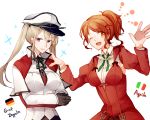  2girls ;d aquila_(kantai_collection) blonde_hair brown_hair character_name flag german_flag gloves graf_zeppelin_(kantai_collection) grey_eyes hair_between_eyes hat high_ponytail italian_flag kantai_collection long_hair military military_hat military_uniform multiple_girls nan_(nanyayyay) one_eye_closed open_mouth peaked_cap sidelocks smile twintails uniform waving wavy_hair yellow_eyes 