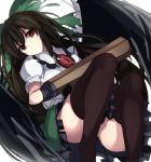  1girl arm_cannon ass_visible_through_thighs bent_knees bird_wings black_hair black_legwear black_wings bow cape closed_mouth collared_shirt commentary_request frilled_shirt_collar frilled_skirt frills green_bow green_skirt hair_bow highres janne_cherry long_hair looking_at_viewer no_panties puffy_short_sleeves puffy_sleeves red_eyes reiuji_utsuho shirt short_sleeves sitting skirt solo thigh-highs third_eye touhou weapon white_background white_shirt wings 