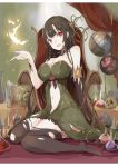  1girl bangs bare_shoulders black_legwear breasts brooch brown_hair cleavage commentary_request dress elbow_gloves fire flame flask full_body gloves gorgon green_dress highres jewelry large_breasts long_hair looking_at_viewer original pale_skin red_eyes sitting skull solo tetsurou_(fe+) thigh-highs torn_clothes torn_thighhighs vampire very_long_hair 