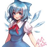  1girl :d blue_dress blue_eyes blue_hair blush bow breasts cirno dress hair_bow highres ice ice_wings looking_at_viewer medium_breasts mii@chiffonx open_mouth puffy_short_sleeves puffy_sleeves red_ribbon ribbon short_hair short_sleeves signature simple_background smile solo teeth touhou upper_body white_background wings 