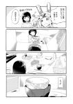  2girls apron basket bowl comic faucet greyscale grin highres monochrome multiple_girls original robot_ears short_hair sink smile takano_itsuki translated visor 