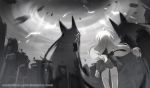  ahoge city comet_(teamon) from_behind ghost greyscale lightning long_hair low_tied_hair monochrome monster puffy_sleeves soul_worker 