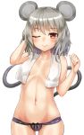 1girl animal_ears blush breasts covering covering_breasts grey_hair highres looking_at_viewer mouse_ears mouse_tail nazrin one_eye_closed panties red_eyes shiron_(e1na1e2lu2ne3ru3) short_hair simple_background small_breasts smile solo tail touhou towel towel_around_neck underwear white_background 