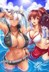 2girls :d arm_up bare_shoulders belt between_breasts bikini_top bottle bracelet breasts brown_eyes brown_hair cleavage clouds collarbone dark_skin dated glasses glasses_on_head hair_between_eyes headgear holding jewelry kantai_collection large_breasts long_hair looking_at_viewer multiple_girls musashi_(kantai_collection) navel necklace okitakung one_eye_closed open_mouth ponytail ramune red_eyes ripples sarong short_shorts shorts sidelocks signature sky smile sun wading water wet white_bikini_top yamato_(kantai_collection) 