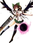 1girl arm_cannon asymmetrical_legwear bird_wings black_legwear black_wings blouse boots bow cape collared_shirt commentary_request energy_ball full_body greaves green_skirt hair_bow highres holding holding_weapon long_hair looking_at_viewer miniskirt red_eyes reiuji_utsuho shirt short_sleeves simple_background single_thighhigh skirt smile solo standing tetsurou_(fe+) thigh-highs third_eye touhou weapon white_background white_blouse wings 