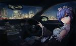  1girl blue_eyes car city detached_sleeves flower ground_vehicle hair_flower hair_ornament hair_over_one_eye hairclip lexus looking_at_viewer maid motor_vehicle night re:zero_kara_hajimeru_isekai_seikatsu rem_(re:zero) serious short_hair steering_wheel thigh-highs tianyu_jifeng wide_sleeves zettai_ryouiki 