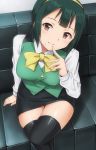  1girl black_legwear bow breasts couch crossed_legs green_hair hairband hashi highres idolmaster index_finger_raised looking_at_viewer mole mole_under_mouth otonashi_kotori pencil_skirt red_eyes short_hair skirt smile solo thigh-highs zettai_ryouiki 