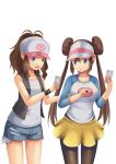  2girls arm_grab baseball_cap black_legwear blue_eyes brown_hair cellphone cutoffs denim denim_shorts double_bun hair_bun hat highres legwear_under_shorts long_hair mei_(pokemon) multiple_girls open_mouth pantyhose phone pokemon pokemon_(game) pokemon_bw pokemon_bw2 pokemon_go ponytail shirt short_shorts shorts smartphone smile touko_(pokemon) twintails very_long_hair vest visor_cap wristband 