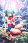  1girl alternate_costume arm_support bare_legs barefoot blue_eyes blue_hair blurry breasts cirno depth_of_field forest grass hair_ribbon hand_in_hair highres kurobuta_gekkan looking_at_viewer miniskirt nature open_mouth outdoors pink_blouse pointy_ears rain ribbon short_hair short_sleeves skirt small_breasts solo squatting stream tears touhou wet wet_clothes wet_hair wings 