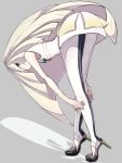  1girl bare_arms bent_over blonde_hair crystal green_eyes grey_background halto_(citrus) high_heels highres leggings long_hair looking_back lusamine_(pokemon) pokemon pokemon_(game) pokemon_sm shadow sleeveless smile solo toe_cleavage 