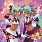  2girls black_legwear cowboy_shot dark_skin elbow_gloves frown gloves green_hair grin hat holding_hands ishikawa_hideki long_hair looking_at_viewer mini_hat miniskirt multiple_girls official_art one_eye_closed red_eyes ribbon-trimmed_legwear ribbon_trim rockman rockman_dash sera_(rockman_dash) short_hair skirt smile thigh-highs twintails white_legwear yuna_(rockman_dash) 