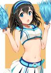  1girl :o belt black_hair blue_eyes blush breasts cheerleader commentary_request crop_top crop_top_overhang hairband highres idolmaster idolmaster_cinderella_girls long_hair midriff navel open_mouth pettan_p pom_poms sagisawa_fumika skirt solo stomach sweat 