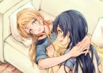  2girls arms_around_neck ayase_eli bangs blonde_hair blue_eyes blue_hair couch grin hair_down hands_together interlocked_fingers jewelry lilylion26 long_hair looking_at_another love_live! love_live!_school_idol_project lying multiple_girls necklace on_back open_mouth pillow short_sleeves signature smile sonoda_umi under_covers yellow_eyes yuri 