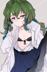  1girl black_bra blue_skirt blush bra ebifurai fuwa_hyouka green_hair hair_between_eyes half-closed_eyes labcoat long_hair looking_at_viewer open_clothes open_shirt pink_eyes shimoneta_to_iu_gainen_ga_sonzai_shinai_taikutsu_na_sekai shirt sketch skirt skirt_lift solo underwear 