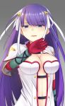  1girl blue_eyes blush breasts center_opening cleavage doyachii elbow_gloves fate/grand_order fate_(series) gloves grey_background hair_ornament highres long_hair looking_at_viewer medium_breasts navel open_mouth purple_hair red_gloves saint_martha short_sleeves simple_background solo 