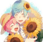  2boys ;d ^_^ akita_toushirou aqua_hair blue_eyes closed_eyes flower hair_flower hair_ornament hat ichigo_hitofuri male_focus multiple_boys one_eye_closed open_mouth pink_hair smile straw_hat sunflower touken_ranbu unapoppo 