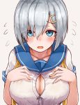  1girl blue_eyes blush breast_suppress breasts cleavage flying_sweatdrops hair_ornament hair_over_one_eye hairpin hamakaze_(kantai_collection) highres kantai_collection large_breasts looking_at_viewer okitsugu revision school_uniform serafuku short_hair silver_hair solo sweat 