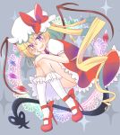  ass blonde_hair bow dress flandre_scarlet frilled_legwear frills grin hand_on_own_face hat high_heels laevatein_(tail) mob_cap red_bow red_dress side_ponytail smile tail touhou white_legwear wings ying1hua1 