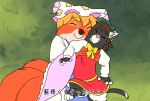  2girls animal_ears cat_ears cat_tail chen disney fake_screenshot fox_tail furry hat hug jewelry leex mob_cap multiple_girls multiple_tails parody pillow_hat robin_hood_(disney) single_earring style_parody tail touhou translation_request yakumo_ran 