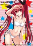  1girl arm_up armpits bikini black_ribbon breasts candy collarbone date_a_live eyebrows eyebrows_visible_through_hair groin hair_ribbon halter_top halterneck highres itsuka_kotori leaning_forward lollipop long_hair mouth_hold navel red_eyes redhead ribbon side-tie_bikini small_breasts smile sogegin star swimsuit twintails white_bikini 