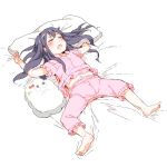  1girl akatsuki_(kantai_collection) arms_up barefoot black_hair bow character_doll closed_eyes commentary_request drooling gomennasai kantai_collection legs_apart long_hair lying messy_hair miss_cloud navel on_back on_bed open_mouth outstretched_arms pajamas pillow pink_pajamas sketch sleeping solo spread_arms white_background 