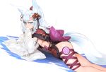  1girl animal_ears blue_eyes blush bow breasts comb fox_ears fox_tail ganesagi granblue_fantasy hair_ornament half_updo hand_to_own_mouth long_hair looking_at_viewer lying sideboob silver_hair simple_background socie_(granblue_fantasy) solo tail thigh_strap white_background 