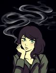  1girl artist_name black_background black_hair cigarette collarbone green_eyes iahfy original smoke 