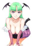  1girl bangs bat_print bat_wings blunt_bangs boots breasts bridal_gauntlets cleavage collarbone demon_girl green_hair head_wings high_heels large_breasts leotard lips long_hair looking_at_viewer morrigan_aensland pantyhose print_legwear purple_legwear shiny shiny_hair smile solo succubus ueyama_michirou vampire_(game) violet_eyes wings 