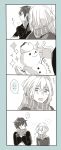  ! !! 2boys 4koma ? comic greyscale highres honebami_toushirou male_focus monochrome multiple_boys ookurikara scarf silent_comic snow_bunny snowman sparkle spoken_exclamation_mark spoken_question_mark touken_ranbu unapoppo |_| 