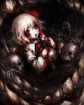  1girl :o blonde_hair blood blood_on_face bloody_clothes bloody_hands finger_to_face hair_ribbon highres juliet_sleeves long_sleeves looking_at_viewer necktie open_mouth puffy_sleeves reclining red_eyes red_necktie ribbon ribs rumia short_hair skeletal_arm skeleton skirt skirt_set skull solo spark621 spine touhou 