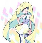  1girl bare_arms blonde_hair blush crystal green_eyes hand_on_hip highres limb92 long_hair looking_at_viewer lusamine_(pokemon) multicolored_hair open_mouth pokemon pokemon_(game) pokemon_sm sleeveless solo standing streaked_hair very_long_hair 