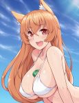  1girl :d animal_ears bikini_top breasts fang fox_ears hair_between_eyes hasu_(hk_works) huge_breasts leaning_forward long_hair magatama open_mouth orange_hair outdoors red_eyes smile solo strap_gap sweat white_bikini_top 