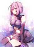  1girl adapted_costume arm armor armored_dress bare_shoulders black_gloves black_legwear breasts commentary_request elbow_gloves eyes_visible_through_hair fate/grand_order fate_(series) gloves hair_over_one_eye large_breasts purple_hair rakugakiii shielder_(fate/grand_order) short_hair sitting solo thigh-highs thighs violet_eyes 
