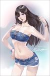  1girl 2016 amatiz armpits bare_shoulders black_hair blue_eyes bracelet breasts cleavage collarbone dated denim denim_shorts hand_in_hair hand_on_hip jewelry long_hair looking_at_viewer midriff navel original shorts sleeveless solo standing torn_clothes torn_shorts 