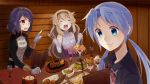  3girls :d ^_^ blonde_hair blue_eyes blue_hair blush braid bread cherry chocolate_syrup closed_eyes closed_mouth cocktail_glass cup drinking_glass elbow_gloves eyebrows eyebrows_visible_through_hair fault fault_milestone_one food french_fries fruit game_cg gloves grey hair_flaps hairband hamburger_steak highres holding holding_fork holding_knife ice_cream index_finger_raised knife konatsu_hare lettuce long_hair looking_at_another low_twintails menu motion_lines multiple_girls neck_ribbon official_art open_mouth parfait partly_fingerless_gloves pink_eyes pizza plate purple_hair red_ribbon ribbon ritona_reighnvhasta rune_(fault) sandwich sausage selphine_rughzenhaide shrimp sitting smile sweatdrop table twintails very_long_hair whipped_cream white_gloves wine_glass wooden_wall 