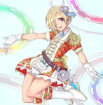  1girl :d across_the_stars alternate_eye_color belt blonde_hair blush boots breasts clock dress earrings epaulettes eyes_visible_through_hair flower gloves hair_flower hair_ornament hair_over_one_eye idolmaster idolmaster_cinderella_girls idolmaster_cinderella_girls_starlight_stage jewelry kokechan lace lace-trimmed_dress looking_to_the_side open_mouth plaid plaid_dress shirasaka_koume short_hair short_sleeves small_breasts smile solo violet_eyes white_boots white_gloves 