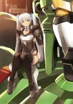  1girl :o ahoge blue_eyes blush breasts cleavage cleavage_cutout garimpeiro highres long_hair looking_up mecha shoulder_pads silver_hair sitting thigh-highs twintails 