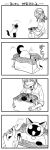  1girl 4koma :3 bag cat collar comic greyscale highres monochrome original siamese_cat syringe translated yamano_rinrin 