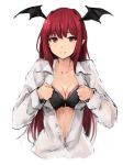  1girl bat_wings black_bra bra breasts cleavage collarbone dress_shirt eyebrows eyebrows_visible_through_hair head_wings highres koakuma koretsuki_aduma open_clothes open_shirt pointy_ears red_eyes redhead shirt simple_background sketch solo touhou underwear upper_body white_background wings 