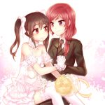  2girls bare_shoulders black_hair blush bouquet dress flower gloves holding_hands kataro love_live! love_live!_school_idol_project multiple_girls nishikino_maki red_eyes redhead smile tuxedo twintails violet_eyes wedding_dress yazawa_nico yellow_flower yuri 