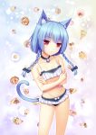  1girl :o absurdres animal_ears bell bikini blue_hair braid cake candy cat_ears cat_tail choker crossed_arms food frilled_bikini frills highres ice_cream jingle_bell lollipop long_hair low-tied_long_hair pastry red_eyes slit_pupils spaghetti_strap swimsuit tail tankini twin_braids 