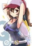  1girl :o arms_up baseball_cap belt black_gloves blush breasts brown_eyes brown_hair choker cleavage collarbone female_protagonist_(pokemon_go) gloves hair_between_eyes hat holding holding_clothes holding_jacket jacket jacket_removed kurono_tokage long_hair medium_breasts open_mouth pokemon pokemon_(game) pokemon_go ponytail solo tank_top twitter_username 