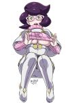  1girl artist_name breasts butcha-u capelet dated glasses green_eyes long_sleeves looking_at_viewer open_mouth pink-framed_eyewear pokemon pokemon_(game) pokemon_sm purple_hair shirt_lift short_hair solo star sweatdrop sweater turtleneck turtleneck_sweater under_boob vicke_(pokemon) white_background 