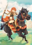  1boy alexander_(fate/grand_order) blue_sky boots braid cape fate/grand_order fate_(series) geetgeet horse horseback_riding long_hair male_focus midriff navel red_eyes redhead riding sky solo sword weapon 