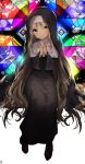  1girl brown_hair gabe_(seelunto) habit hands_clasped highres jewelry long_hair necklace nun original praying red_eyes robe solo stained_glass 
