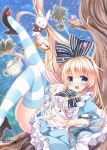  1girl alice_(wonderland) alice_in_wonderland ass blonde_hair blue_eyes blush breasts clock dress hair_ornament hair_ribbon long_hair looking_at_viewer mushroom open_mouth rabbit ribbon rinka_(yuyutei) shiny shiny_skin shoes smile striped striped_legwear teapot thigh-highs tree white_rabbit 