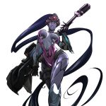  1girl absurdly_long_hair black_gloves bodysuit breasts center_opening contrapposto eyebrows from_below gloves gun head_mounted_display huge_weapon large_breasts long_hair overwatch ponytail puntaa purple_hair purple_skin rifle sniper_rifle solo tattoo unzipped very_long_hair weapon white_background widowmaker_(overwatch) yellow_eyes 